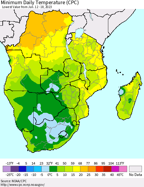 Southern Africa Minimum Daily Temperature (CPC) Thematic Map For 6/12/2023 - 6/18/2023