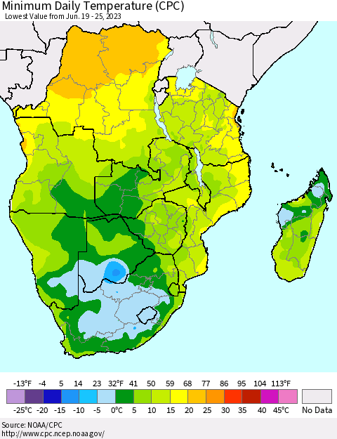 Southern Africa Minimum Daily Temperature (CPC) Thematic Map For 6/19/2023 - 6/25/2023