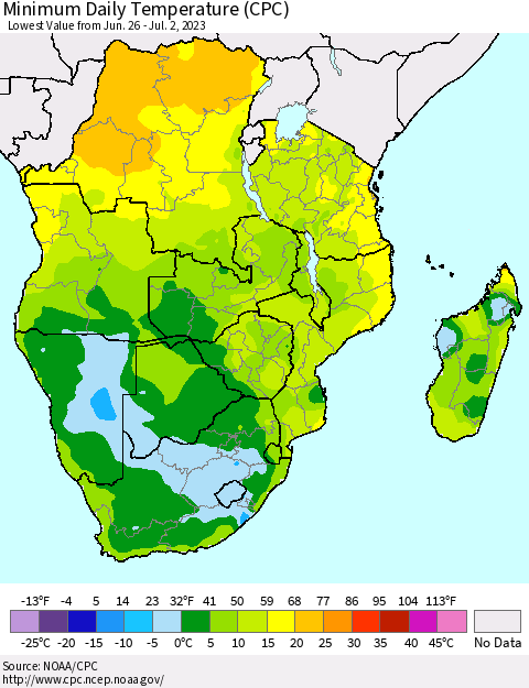 Southern Africa Minimum Daily Temperature (CPC) Thematic Map For 6/26/2023 - 7/2/2023