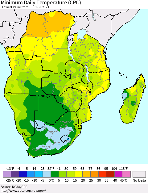 Southern Africa Minimum Daily Temperature (CPC) Thematic Map For 7/3/2023 - 7/9/2023