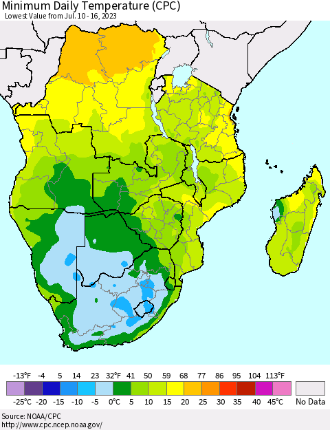 Southern Africa Minimum Daily Temperature (CPC) Thematic Map For 7/10/2023 - 7/16/2023