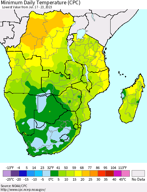 Southern Africa Minimum Daily Temperature (CPC) Thematic Map For 7/17/2023 - 7/23/2023