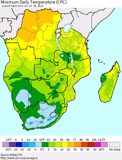 Southern Africa Minimum Daily Temperature (CPC) Thematic Map For 7/24/2023 - 7/30/2023