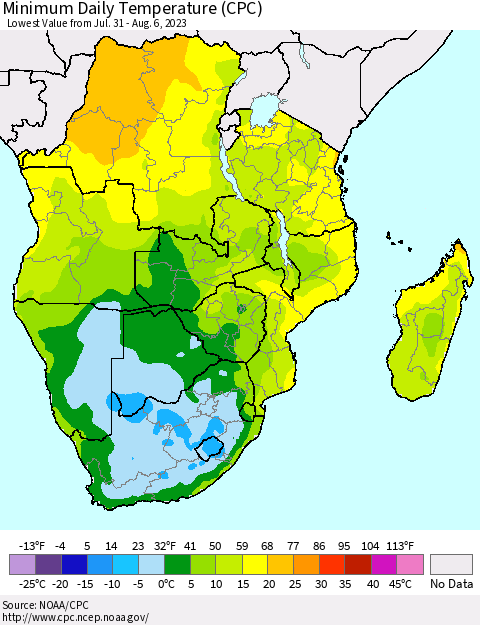 Southern Africa Minimum Daily Temperature (CPC) Thematic Map For 7/31/2023 - 8/6/2023