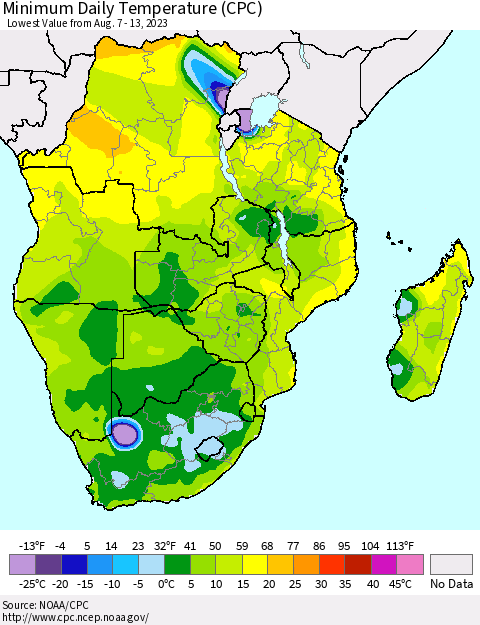 Southern Africa Minimum Daily Temperature (CPC) Thematic Map For 8/7/2023 - 8/13/2023