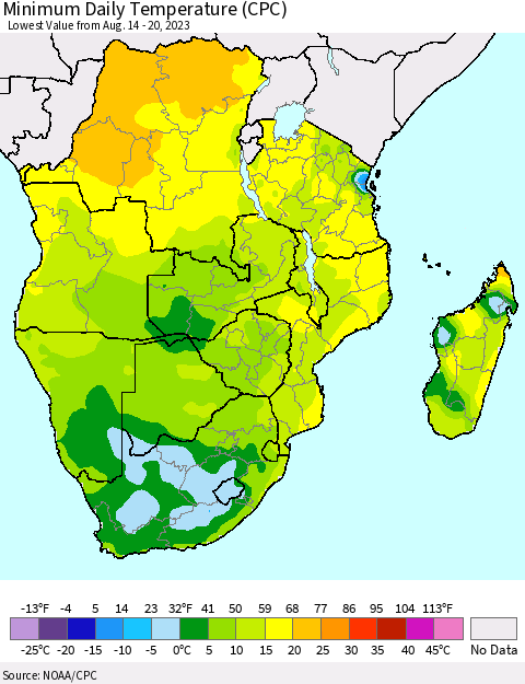 Southern Africa Minimum Daily Temperature (CPC) Thematic Map For 8/14/2023 - 8/20/2023