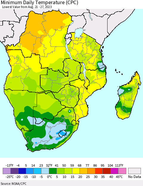 Southern Africa Minimum Daily Temperature (CPC) Thematic Map For 8/21/2023 - 8/27/2023