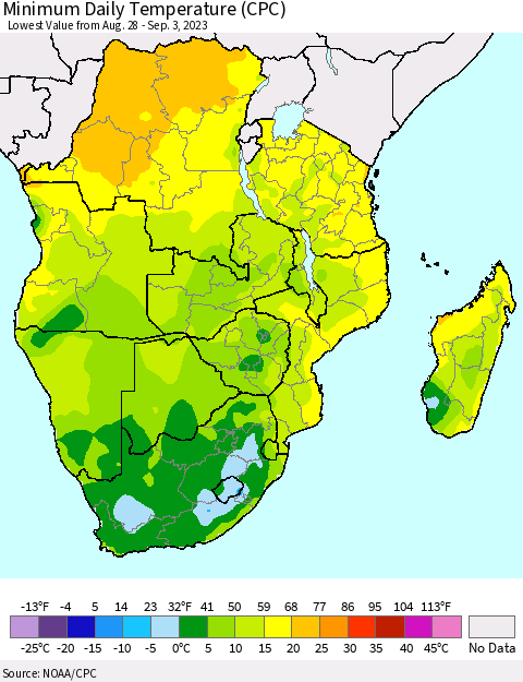 Southern Africa Minimum Daily Temperature (CPC) Thematic Map For 8/28/2023 - 9/3/2023