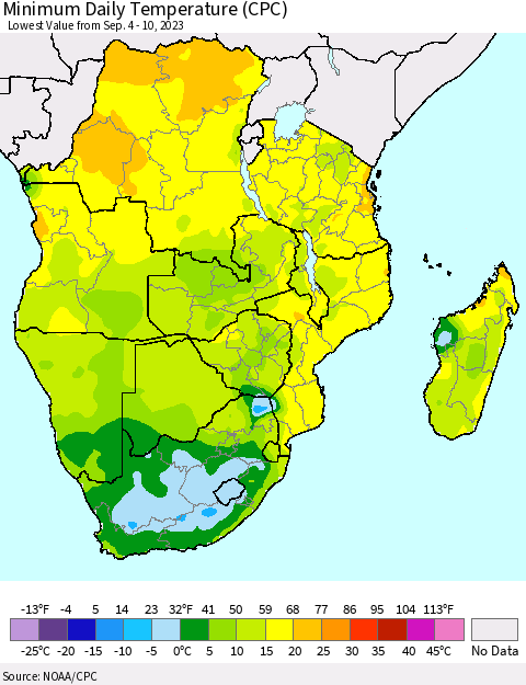 Southern Africa Minimum Daily Temperature (CPC) Thematic Map For 9/4/2023 - 9/10/2023