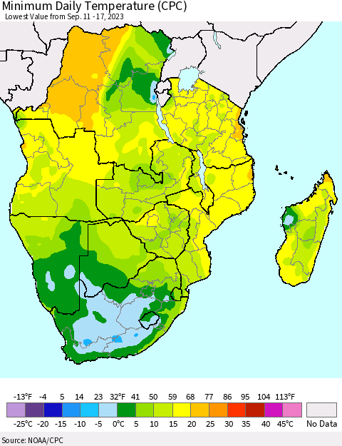 Southern Africa Minimum Daily Temperature (CPC) Thematic Map For 9/11/2023 - 9/17/2023