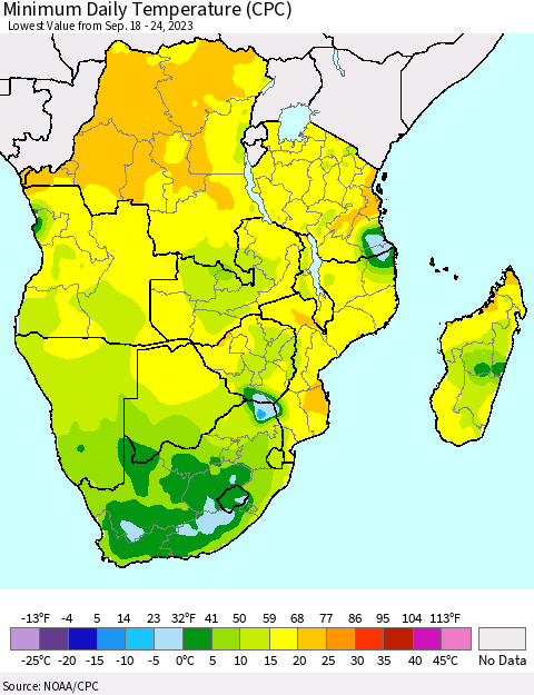 Southern Africa Minimum Daily Temperature (CPC) Thematic Map For 9/18/2023 - 9/24/2023