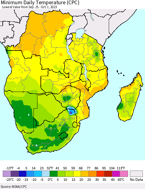 Southern Africa Minimum Daily Temperature (CPC) Thematic Map For 9/25/2023 - 10/1/2023