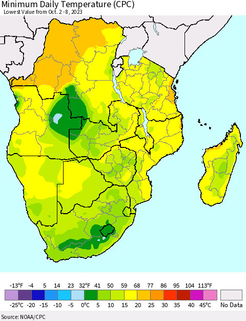 Southern Africa Minimum Daily Temperature (CPC) Thematic Map For 10/2/2023 - 10/8/2023