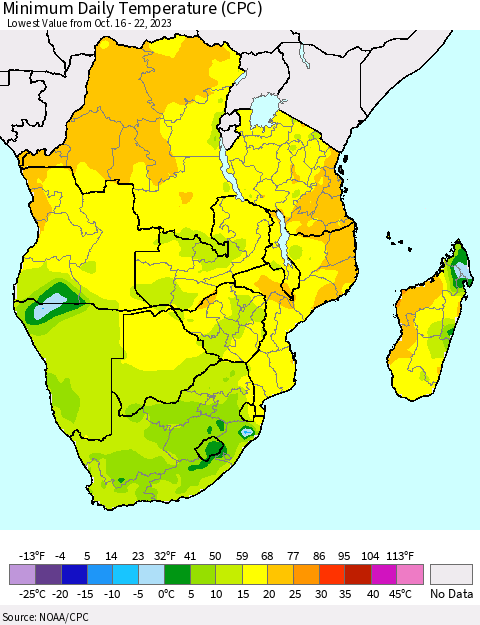 Southern Africa Minimum Daily Temperature (CPC) Thematic Map For 10/16/2023 - 10/22/2023
