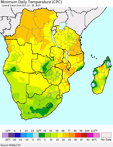 Southern Africa Minimum Daily Temperature (CPC) Thematic Map For 10/23/2023 - 10/29/2023