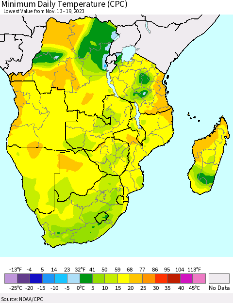 Southern Africa Minimum Daily Temperature (CPC) Thematic Map For 11/13/2023 - 11/19/2023