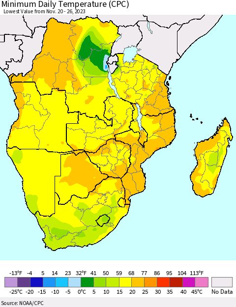 Southern Africa Minimum Daily Temperature (CPC) Thematic Map For 11/20/2023 - 11/26/2023