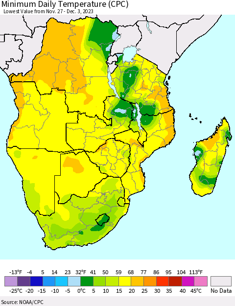 Southern Africa Minimum Daily Temperature (CPC) Thematic Map For 11/27/2023 - 12/3/2023