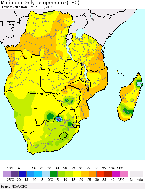 Southern Africa Minimum Daily Temperature (CPC) Thematic Map For 12/25/2023 - 12/31/2023