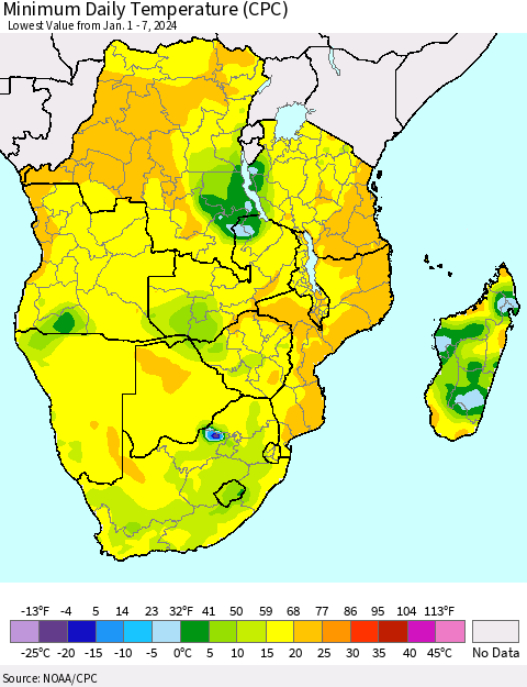 Southern Africa Minimum Daily Temperature (CPC) Thematic Map For 1/1/2024 - 1/7/2024