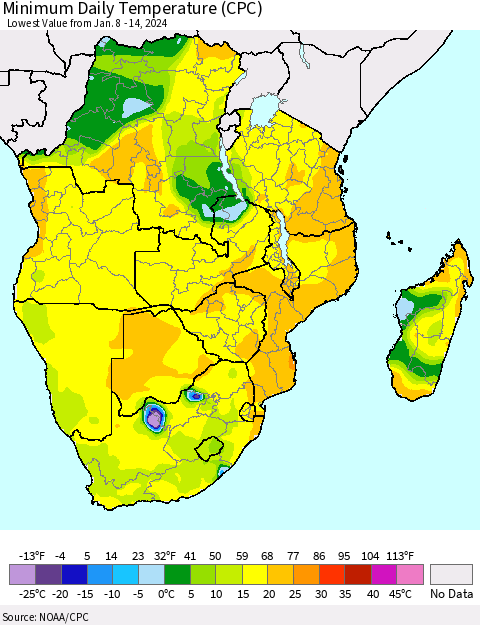 Southern Africa Minimum Daily Temperature (CPC) Thematic Map For 1/8/2024 - 1/14/2024