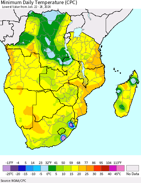 Southern Africa Minimum Daily Temperature (CPC) Thematic Map For 1/22/2024 - 1/28/2024