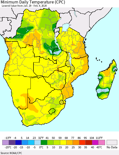 Southern Africa Minimum Daily Temperature (CPC) Thematic Map For 1/29/2024 - 2/4/2024