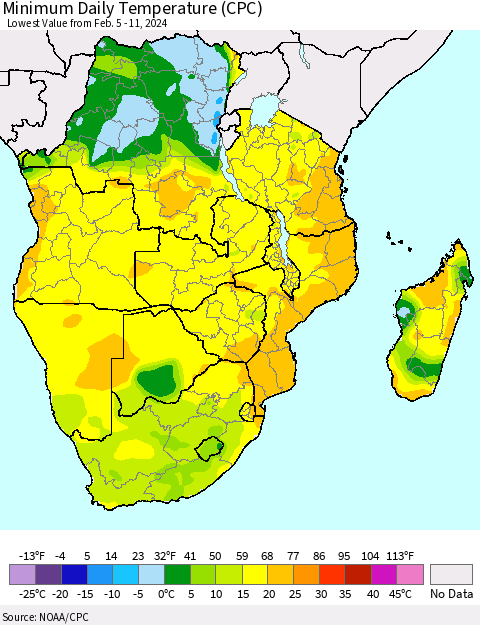 Southern Africa Minimum Daily Temperature (CPC) Thematic Map For 2/5/2024 - 2/11/2024