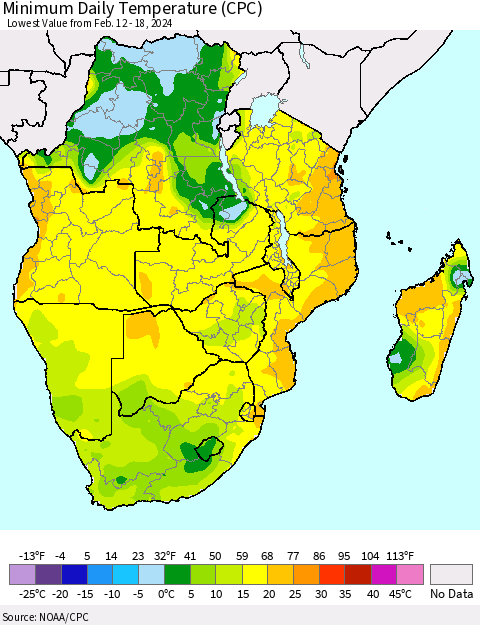 Southern Africa Minimum Daily Temperature (CPC) Thematic Map For 2/12/2024 - 2/18/2024