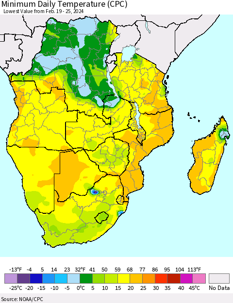Southern Africa Minimum Daily Temperature (CPC) Thematic Map For 2/19/2024 - 2/25/2024