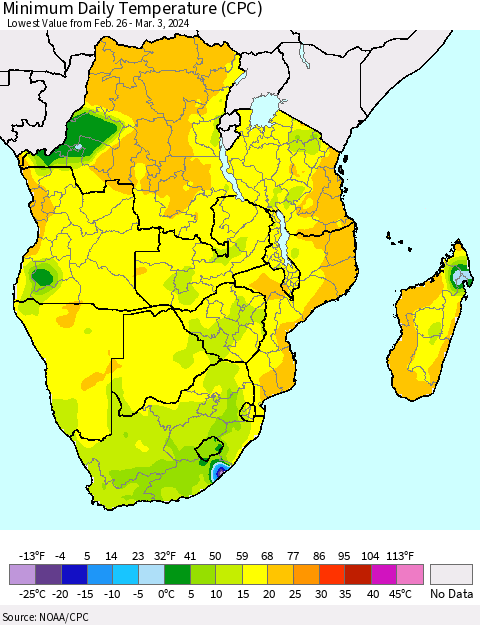 Southern Africa Minimum Daily Temperature (CPC) Thematic Map For 2/26/2024 - 3/3/2024