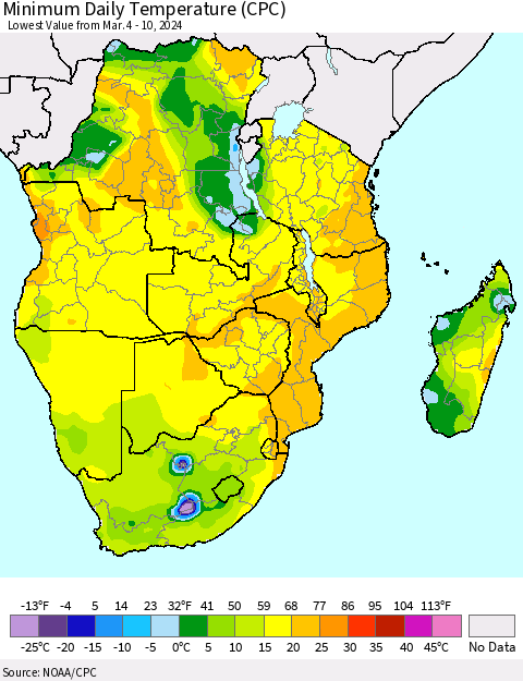 Southern Africa Minimum Daily Temperature (CPC) Thematic Map For 3/4/2024 - 3/10/2024