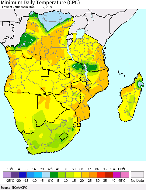 Southern Africa Minimum Daily Temperature (CPC) Thematic Map For 3/11/2024 - 3/17/2024