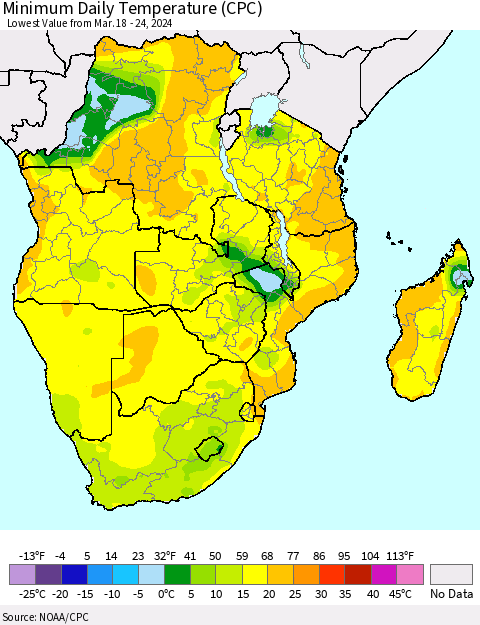 Southern Africa Minimum Daily Temperature (CPC) Thematic Map For 3/18/2024 - 3/24/2024