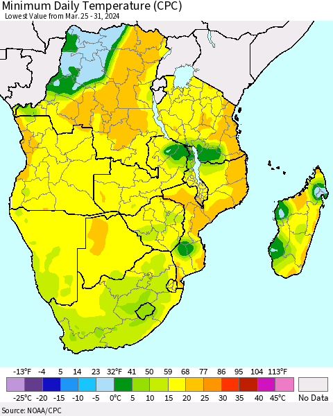 Southern Africa Minimum Daily Temperature (CPC) Thematic Map For 3/25/2024 - 3/31/2024