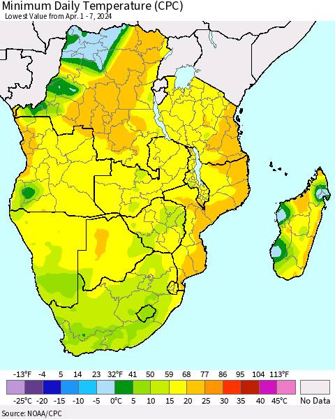 Southern Africa Minimum Daily Temperature (CPC) Thematic Map For 4/1/2024 - 4/7/2024