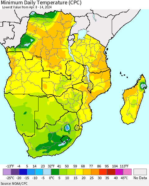 Southern Africa Minimum Daily Temperature (CPC) Thematic Map For 4/8/2024 - 4/14/2024