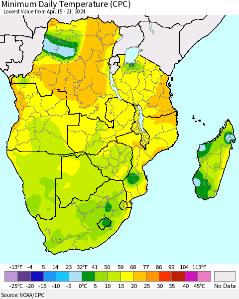 Southern Africa Minimum Daily Temperature (CPC) Thematic Map For 4/15/2024 - 4/21/2024