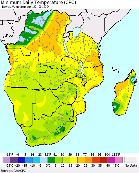 Southern Africa Minimum Daily Temperature (CPC) Thematic Map For 4/22/2024 - 4/28/2024