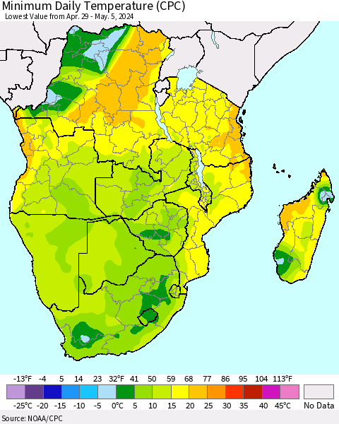 Southern Africa Minimum Daily Temperature (CPC) Thematic Map For 4/29/2024 - 5/5/2024