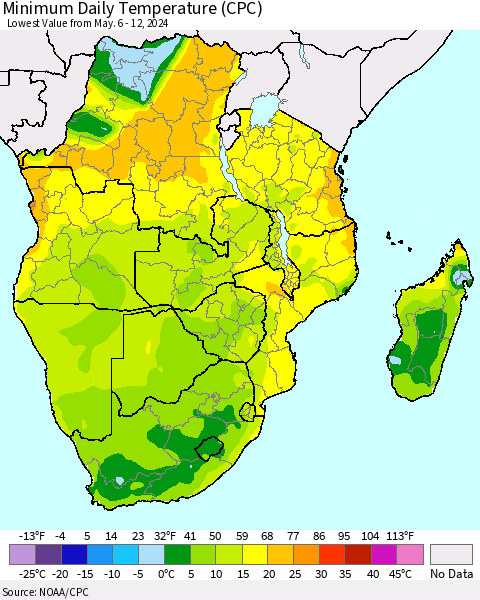 Southern Africa Minimum Daily Temperature (CPC) Thematic Map For 5/6/2024 - 5/12/2024