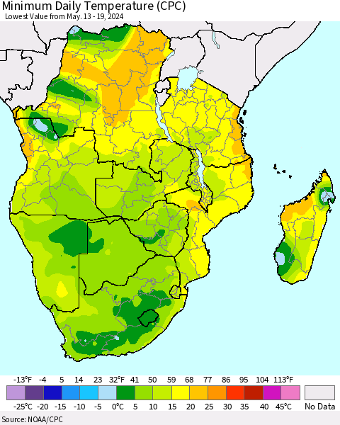 Southern Africa Minimum Daily Temperature (CPC) Thematic Map For 5/13/2024 - 5/19/2024
