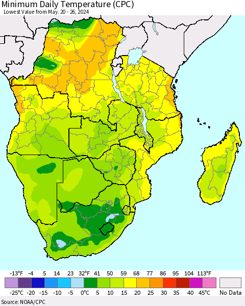 Southern Africa Minimum Daily Temperature (CPC) Thematic Map For 5/20/2024 - 5/26/2024