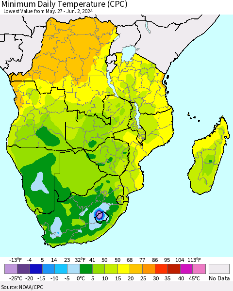 Southern Africa Minimum Daily Temperature (CPC) Thematic Map For 5/27/2024 - 6/2/2024