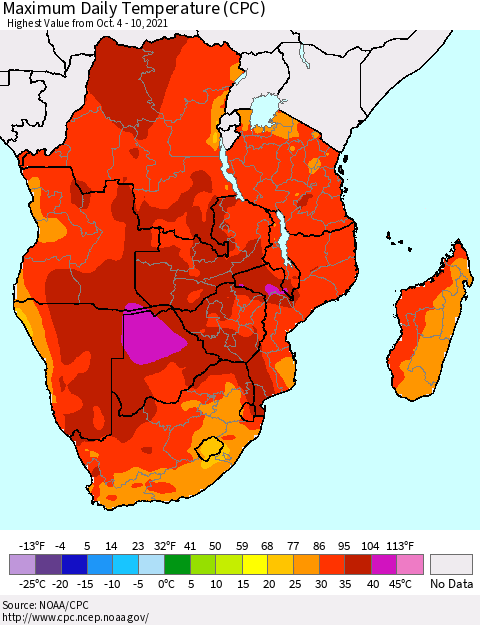 Southern Africa Maximum Daily Temperature (CPC) Thematic Map For 10/4/2021 - 10/10/2021