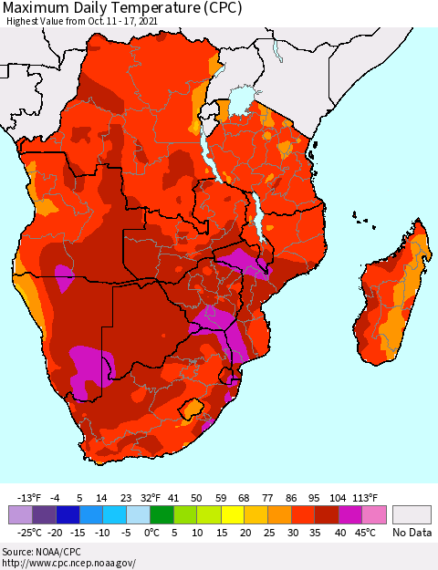 Southern Africa Maximum Daily Temperature (CPC) Thematic Map For 10/11/2021 - 10/17/2021