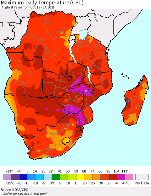 Southern Africa Maximum Daily Temperature (CPC) Thematic Map For 10/18/2021 - 10/24/2021