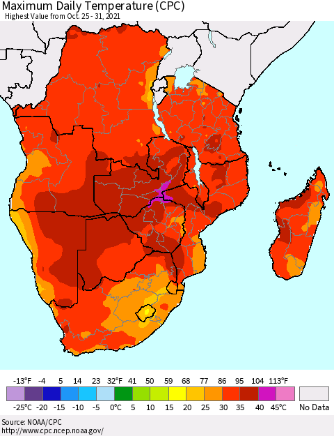 Southern Africa Maximum Daily Temperature (CPC) Thematic Map For 10/25/2021 - 10/31/2021