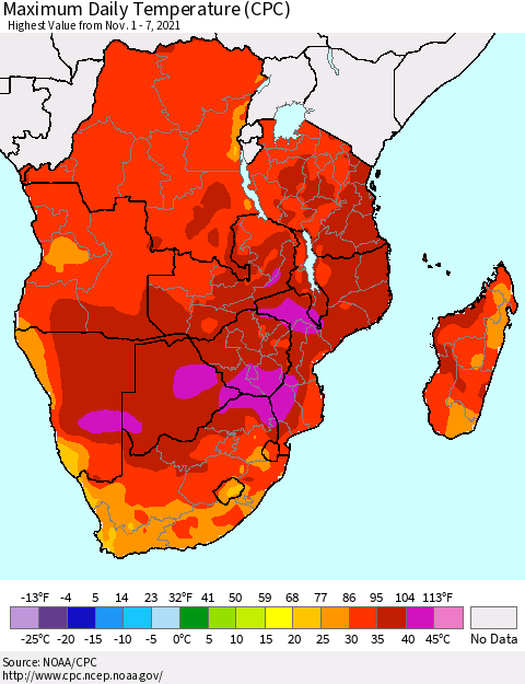 Southern Africa Maximum Daily Temperature (CPC) Thematic Map For 11/1/2021 - 11/7/2021