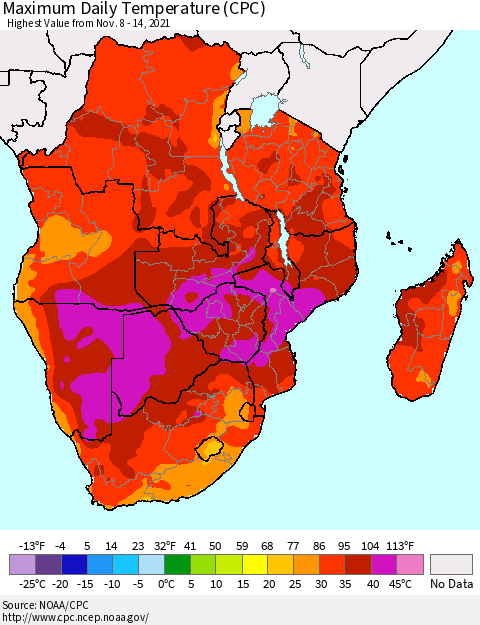 Southern Africa Maximum Daily Temperature (CPC) Thematic Map For 11/8/2021 - 11/14/2021